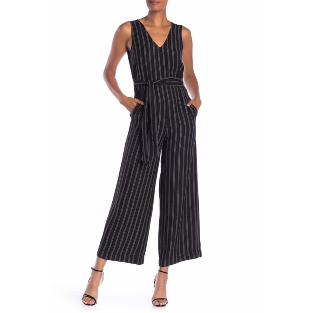 Max Studio Stripe Wide Leg Crepe Jumpsuit Navy White Pinstripes NWT